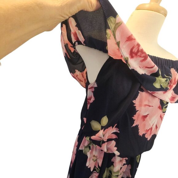 Rebecca B Flounce Off-Shoulder Maxi Dress Sz 6 Pink Floral on Navy Poly Spandex - Picture 7 of 11